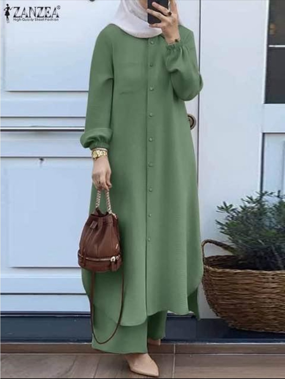Zanzea Button-Front Modest Long Sleeve Dress in Sage Green